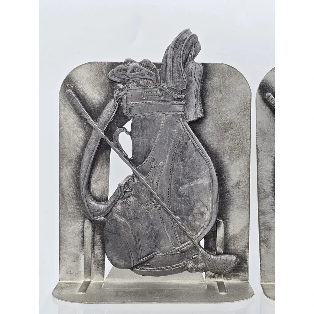 2 Lot Of VINTAGE Detailed Pewter Golf Bag & Clubs -‎ Bookends Silver Tone 6